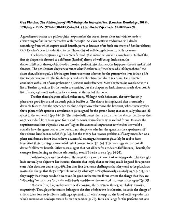 (PDF) Guy Fletcher's The Philosophy of Well-Being: An Introduction