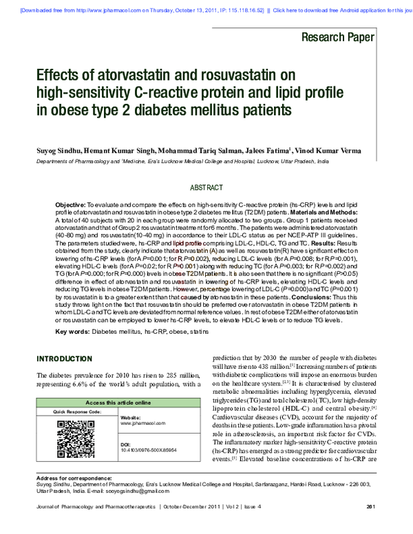 (PDF) Effects of atorvastatin and rosuvastatin on high-sensitivity C ...