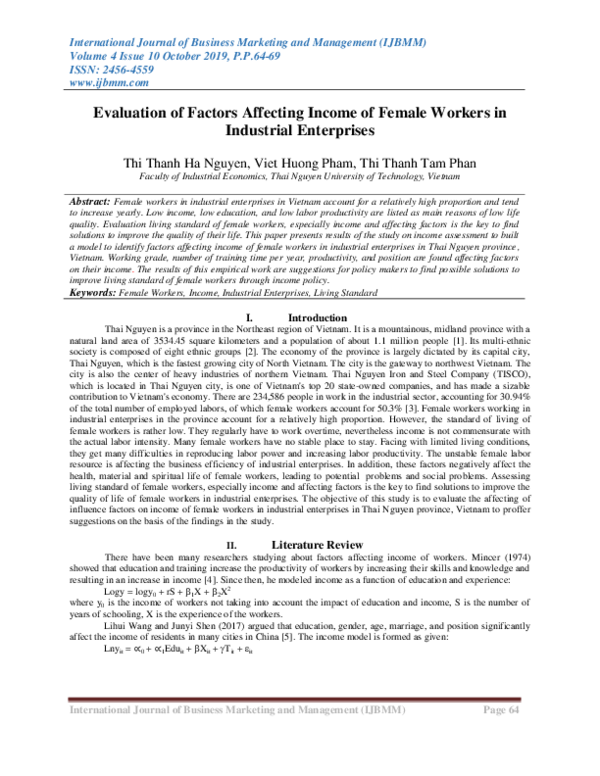 (PDF) Evaluation of Factors Affecting Income of Female Workers in ...