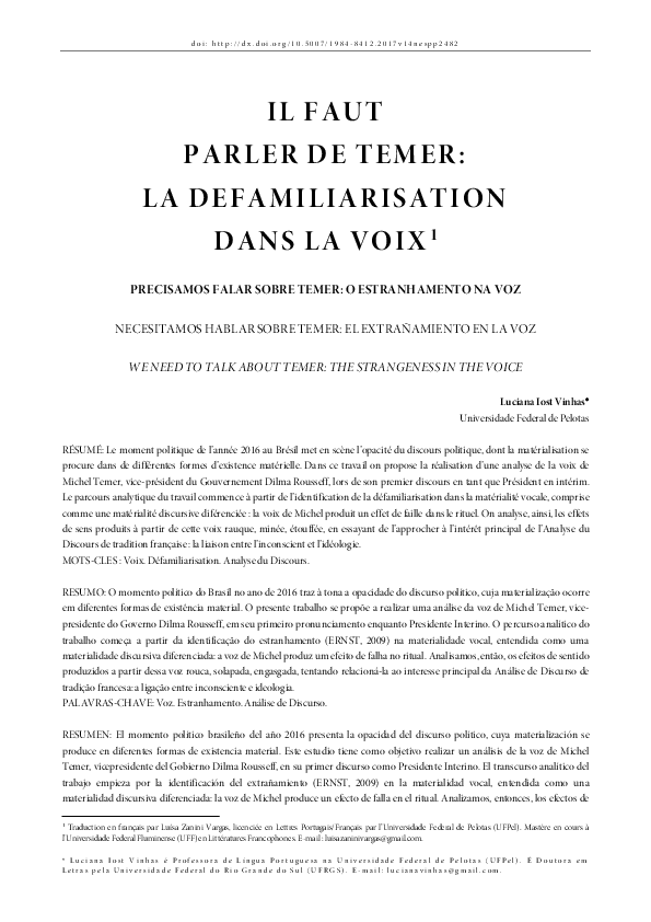 (PDF) Il faut parler de Temer: la defamiliarisation dans la voix