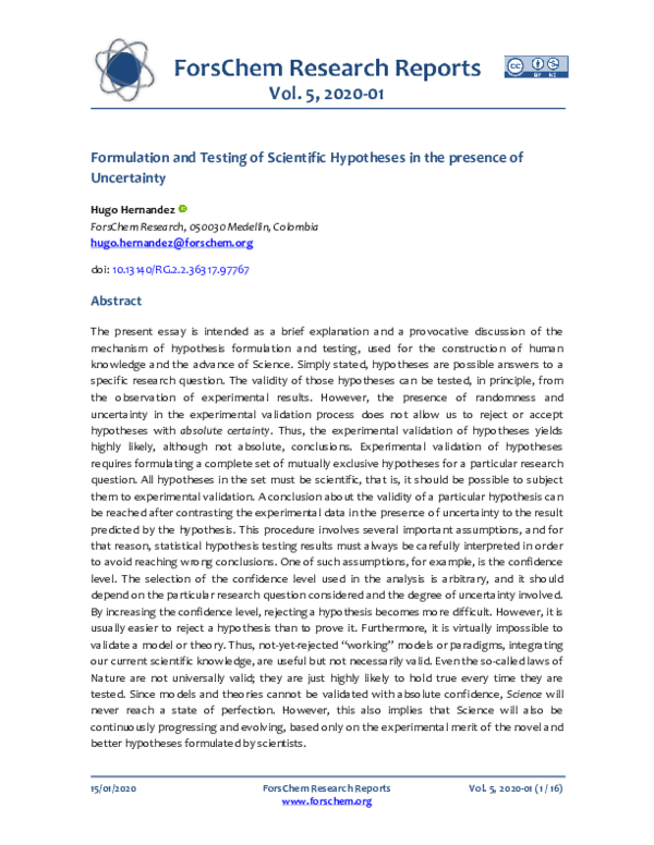 (PDF) Formulation and Testing of Scientific Hypotheses in the presence ...