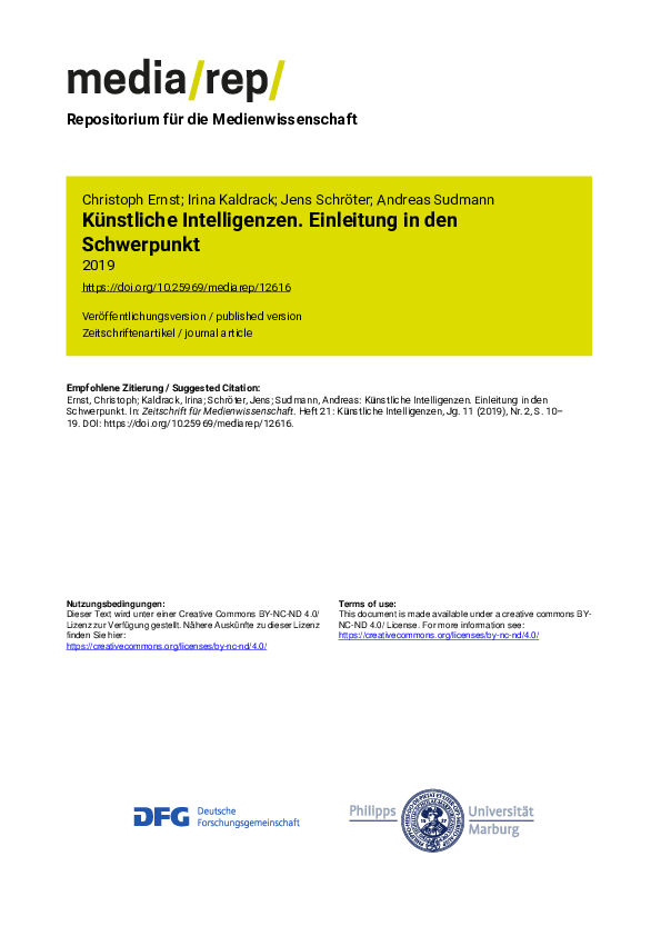 PDF) Knstliche Intelligenzen. Einleitung in den Schwerpunkt