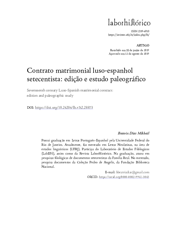 (PDF) Contrato matrimonial lusoespanhol setecentista edição e estudo paleográfico Revista (PDF) Contrato matrimonial lusoespanhol setecentista edição e estudo paleográfico Revista
