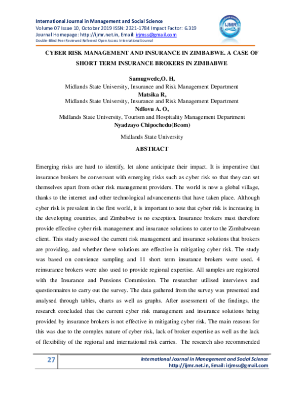 (PDF) CYBER RISK MANAGEMENT AND INSURANCE IN ZIMBABWE. A CASE OF SHORT