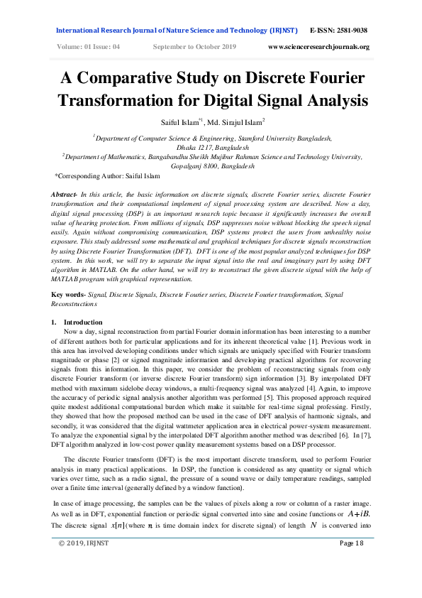 (PDF) A Comparative Study on Discrete Fourier Transformation for