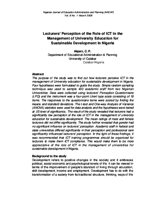 (PDF) Lecturers Perception of the Role of ICT in the Management of ...