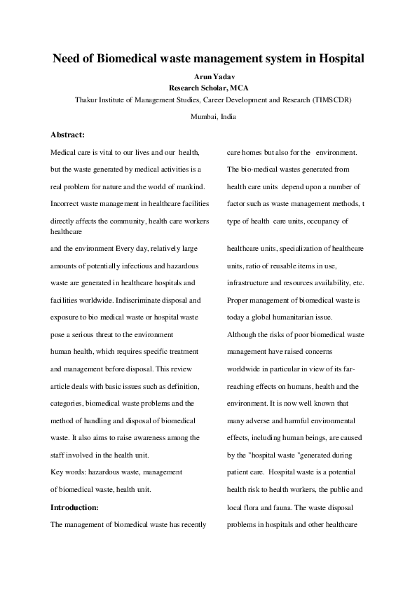 (PDF) Need of Biomedical waste management system in Hospital Arun Yadav Academia.edu