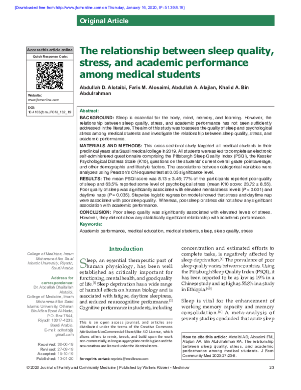 (PDF) The relationship between sleep quality, stress, and academic ...