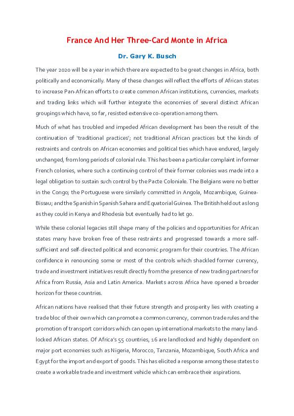 First page of “France And Her Three-Card Monte in Africa”