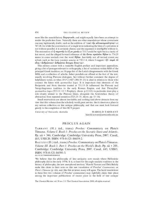 (PDF) Proclus Again (H.) Tarrant (ed., trans.) Proclus: Commentary on ...
