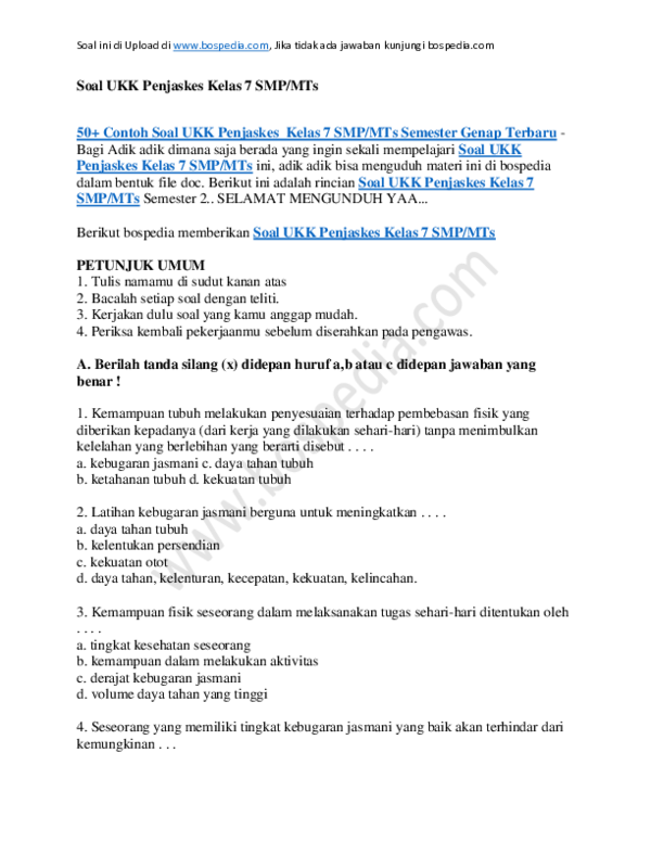 Doc Soal Ukk Penjaskes Kelas 7 Smp Mts Sir Tjokro Academia Edu Doc Soal Ukk Penjaskes Kelas 7 Smp Mts Sir Tjokro Academia Edu