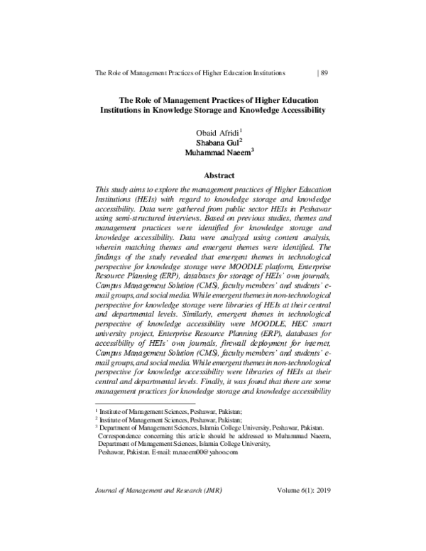 (PDF) The Role of Management Practices of Higher Education Institutions ...