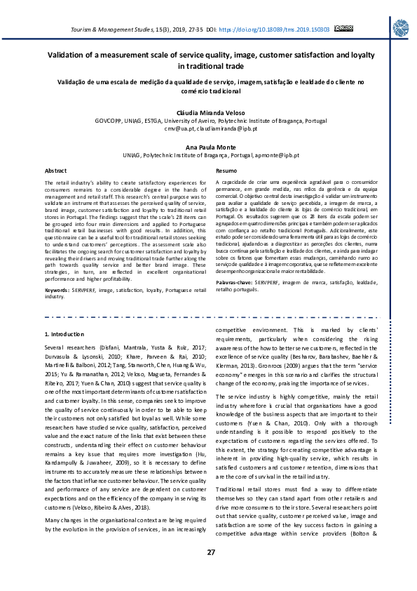 (PDF) Validation of a measurement scale of service quality, image ...