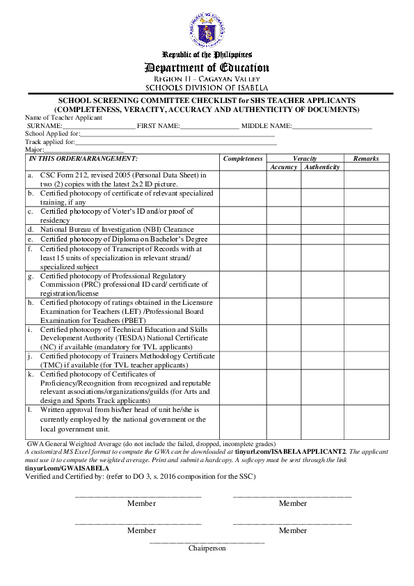 (DOC) SCHOOL SCREENING COMMITTEE CHECKLIST for SHS TEACHER APPLICANTS