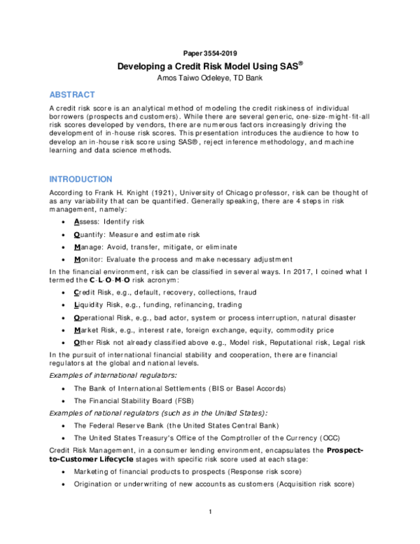 (PDF) Developing a Credit Risk Model Using SAS