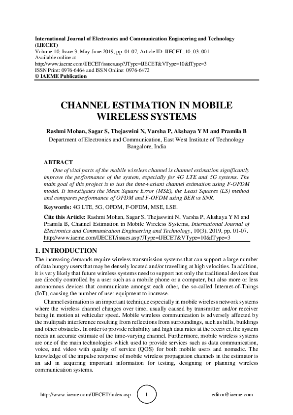 Pdf Channel Estimation In Mobile Wireless Systems