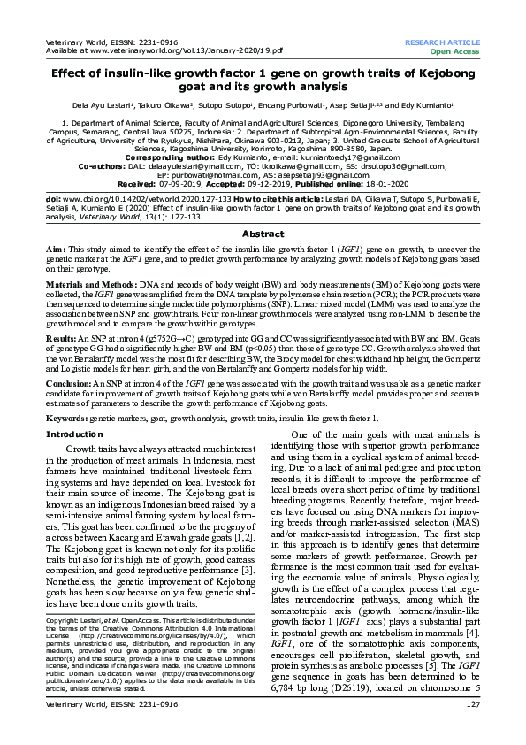 (PDF) Effect of insulin-like growth factor 1 gene on growth traits of ...