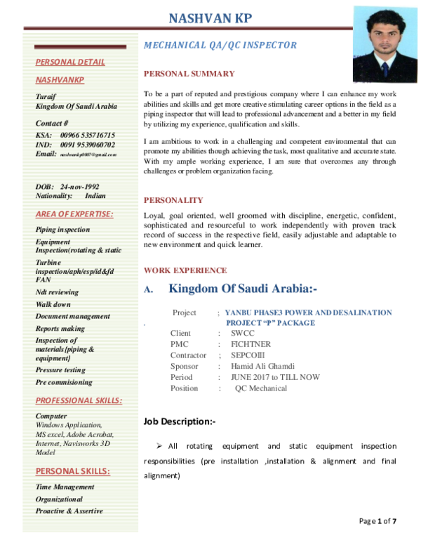 (DOC) MECHANICAL QA/QC INSPECTOR PERSONAL SUMMARY feroz ahmed