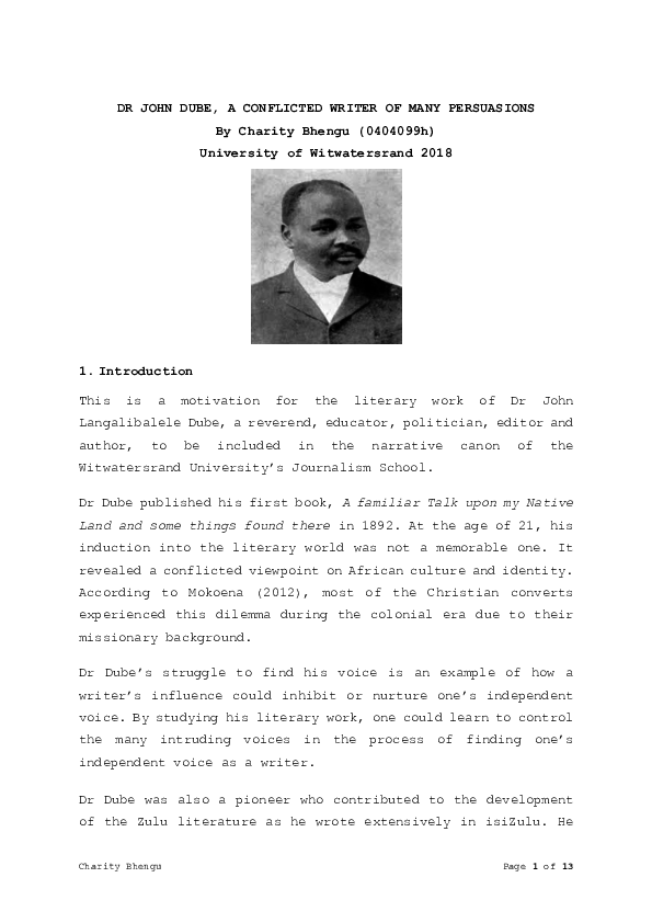 (DOC) DR JOHN DUBE A CONFLICTED WRITER OF MANY PERSUASIONS