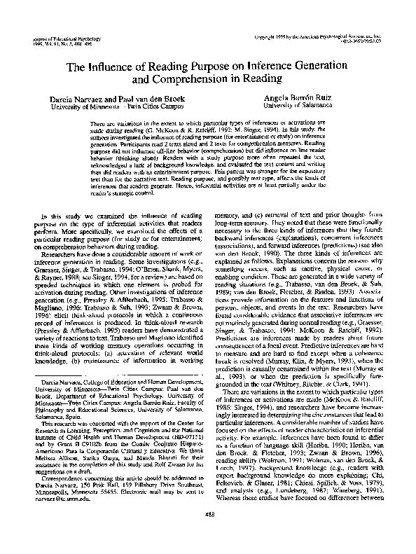 (PDF) The influence of reading purpose on inference generation and ...