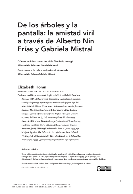 Pdf Horan Elizabeth De Los Arboles Y La Pantalla La Amistad Viril A Traves De Alberto Nin Frias Y Gabriela Mistral Elizabeth Horan Academia Edu
