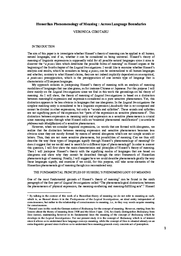 (DOC) Husserlian Phenomenology of Meaning : Across Language Boundaries