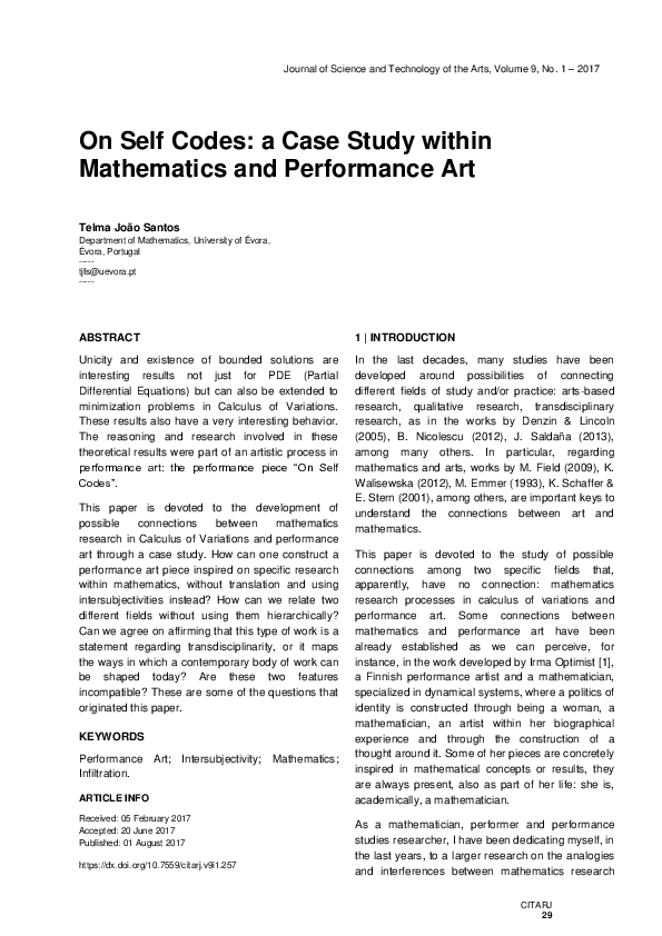 (PDF) On Self Codes: a Case Study within Mathematics and Performance Art