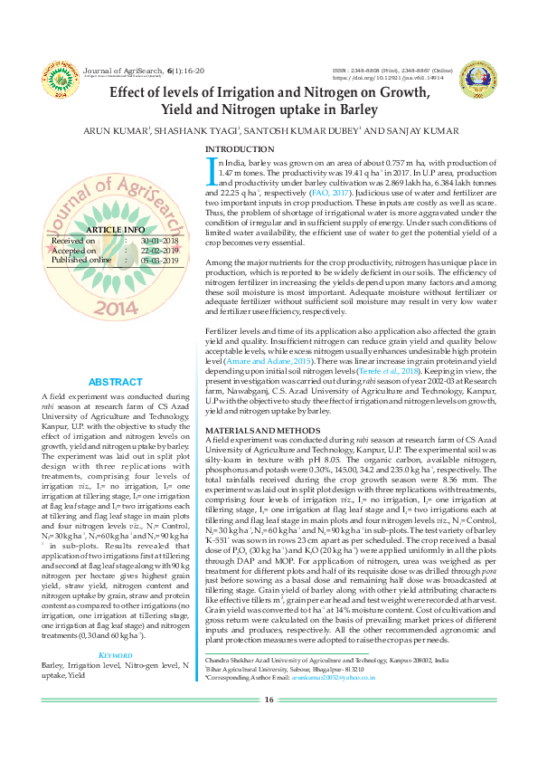 (PDF) Effect of levels of Irrigation and Nitrogen on Growth, Yield and ...