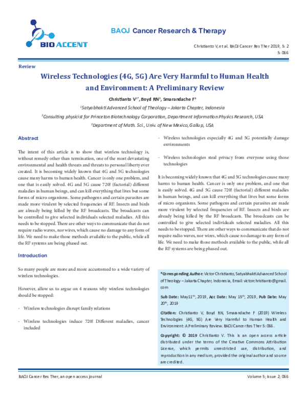(PDF) Wireless Technologies (4G, 5G) Are Very Harmful to Human Health