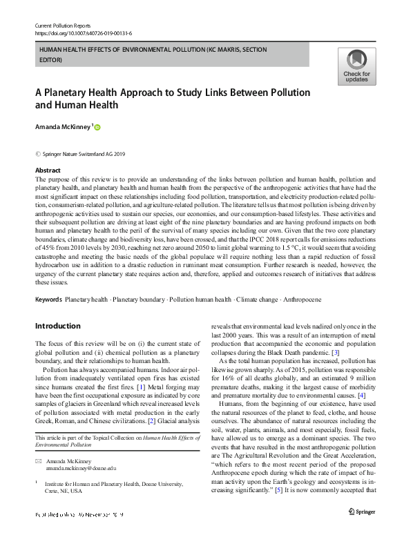 (PDF) A Planetary Health Approach to Study Links Between Pollution and ...