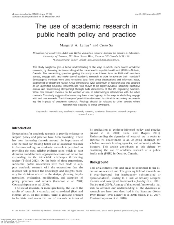 (PDF) The use of academic research in public health policy and practice