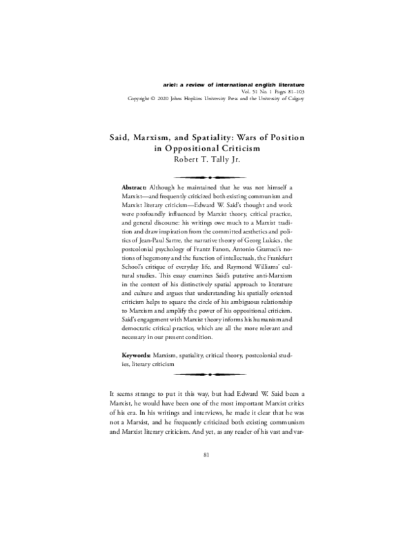 (PDF) Said, Marxism, and Spatiality: Wars of Position in Oppositional ...