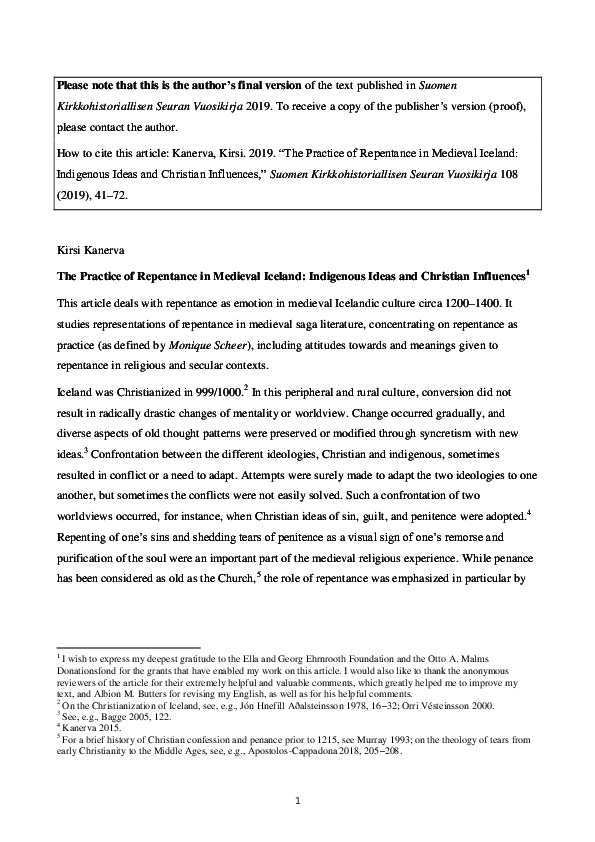 The Practice of Repentance in Medieval Iceland: Indigenous Ideas and Christian Influences