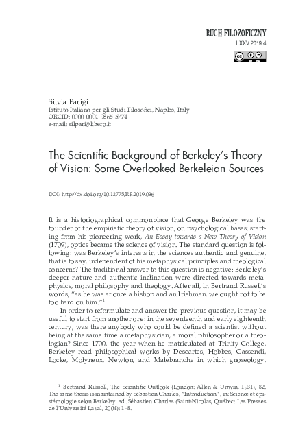 (PDF) The Scientific Background of Berkeley's Theory of Vision: Some ...