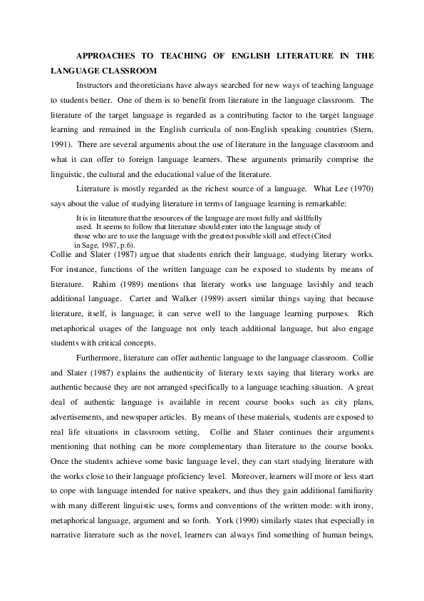 (PDF) APPROACHES TO TEACHING OF ENGLISH LITERATURE IN THE LANGUAGE