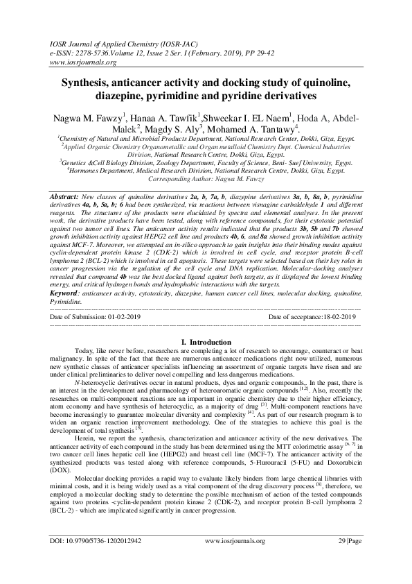 (PDF) Synthesis, anticancer activity and docking study of quinoline ...
