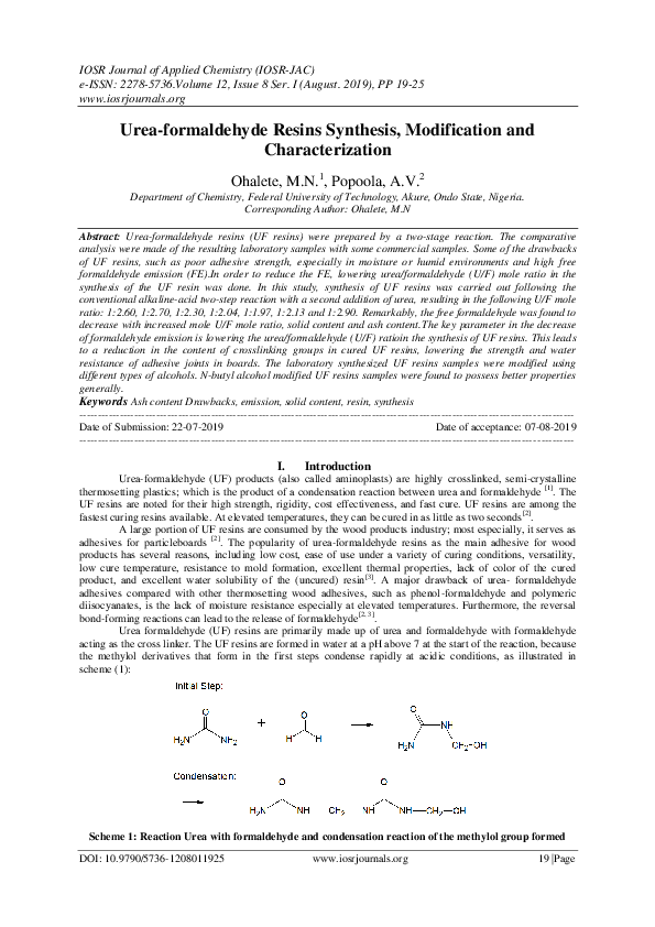 (PDF) Ureaformaldehyde Resins Synthesis, Modification and