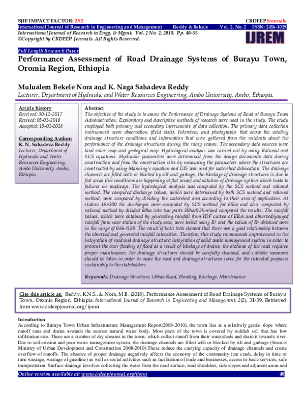(PDF) Performance Assessment of Road Drainage Systems of Burayu Town ...