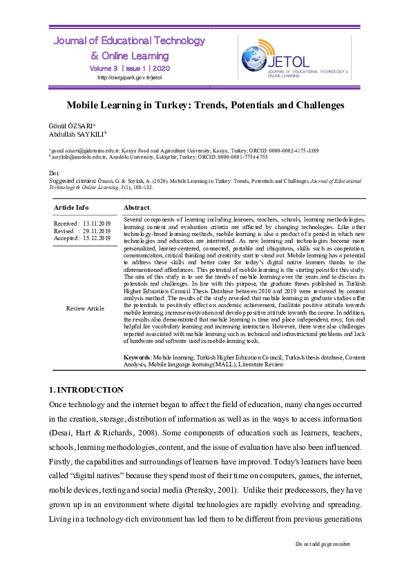 (PDF) Mobile Learning in Turkey: Trends, Potentials and Challenges