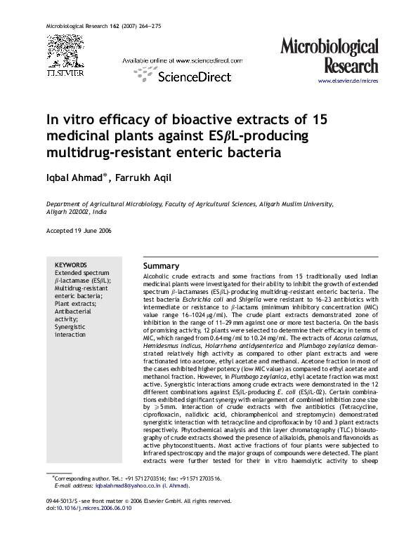 (PDF) In vitro efficacy of bioactive extracts of 15 medicinal plants ...