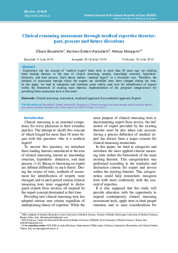 (PDF) Clinical reasoning assessment through medical expertise theories ...