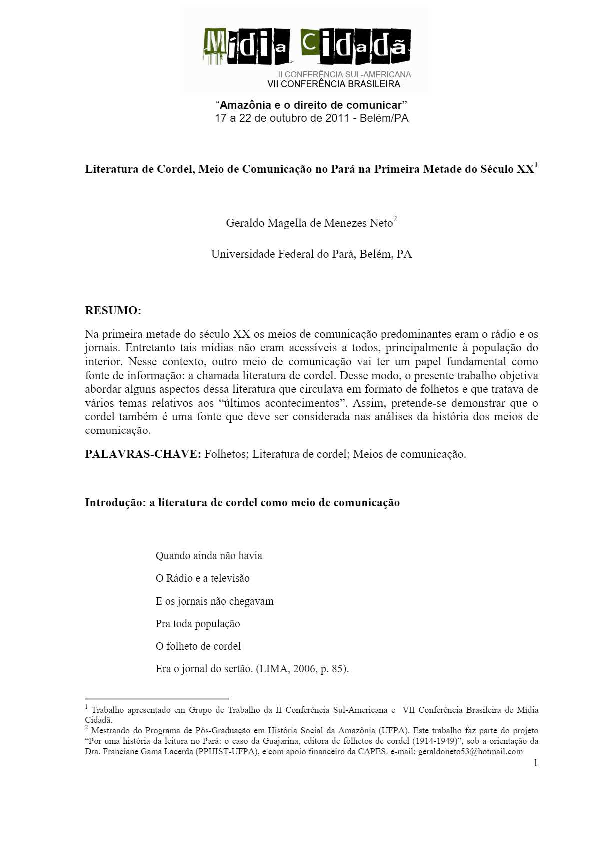 (PDF) MENEZES NETO, Geraldo Magella de. Literatura de cordel, meio de ...