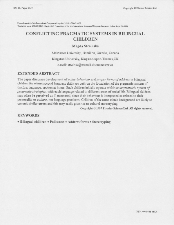 (PDF) Conflicting Pragmatic Systems in Bilingual Children