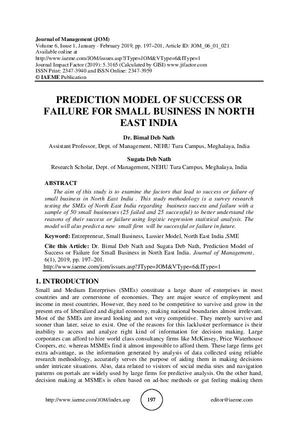 (PDF) PREDICTION MODEL OF SUCCESS OR FAILURE FOR SMALL BUSINESS IN ...