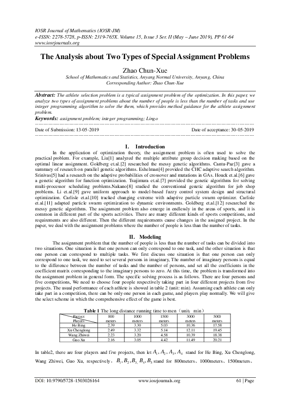 (PDF) The Analysis about Two Types of Special Assignment Problems