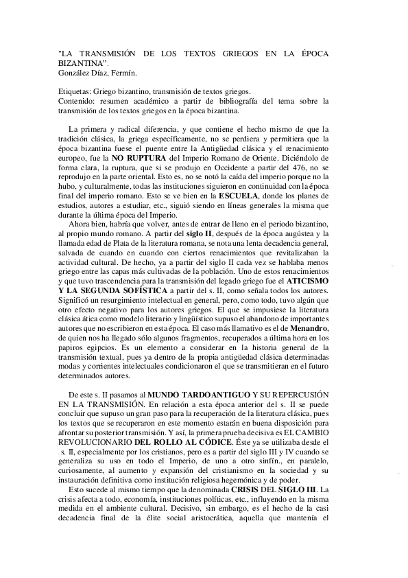 (DOC) LA TRANSMSIÓN DE TEXTOS GRIEGOS EN BIZANCIO