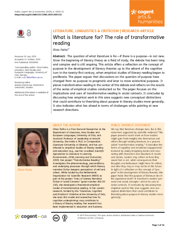 (PDF) What is literature for? The role of transformative reading