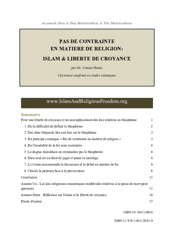 (PDF) PAS DE CONTRAINTE EN MATIERE DE RELIGION ISLAM ET LIBERTE DE ...