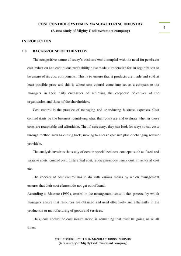 (DOC) COST CONTROL SYSTEM IN MANUFACTURING INDUSTRY (A case study of ...