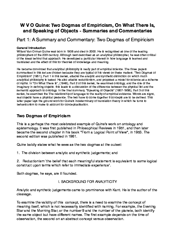(PDF) W V O Quine Two Dogmas of Empiricism, On What There Is, and